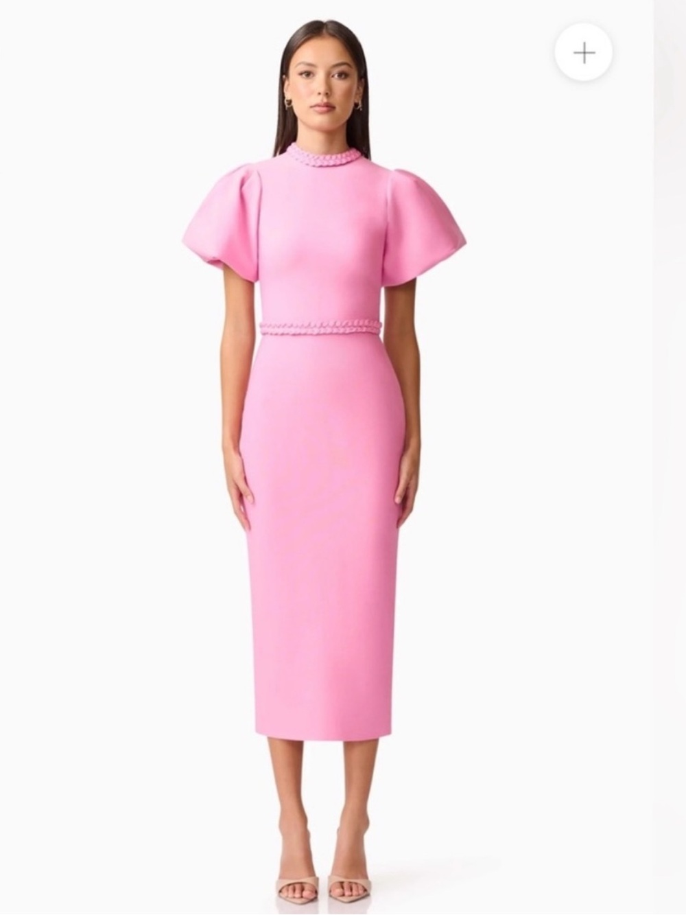 elliatt coralene pink puff sleeve high neck fitted midi dress size medium NEW - Picture 12 of 12